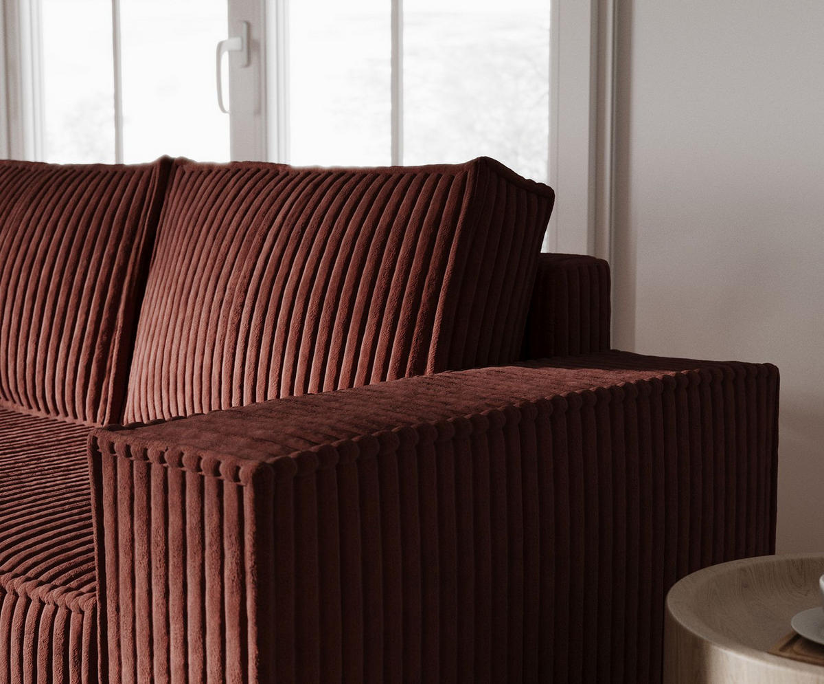 ECKSOFA Maze Ziegelfarbe Plüsch - Links Seite - Rostfarben/Schwarz, Holz/Holzwerkstoff (185/294cm) - Maison de Reve