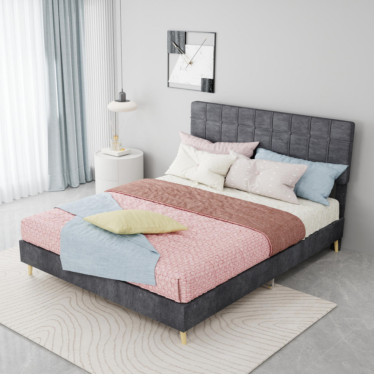 POLSTERBETT 140/200 cm DE-32943 mit Karosteppung-Kopfteil Grau - Grau, Metall (140/200cm) - ComfortXL