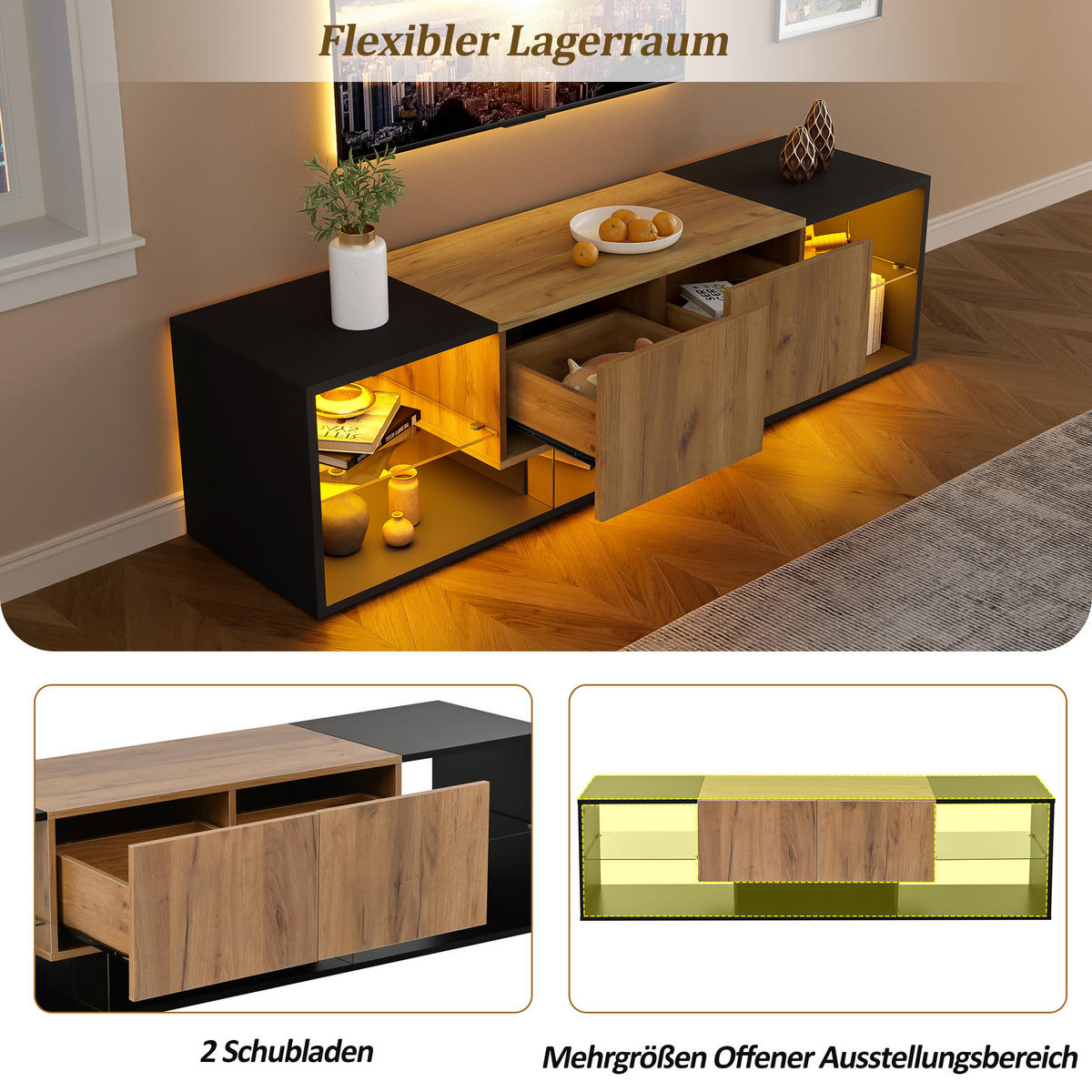 TV-SCHRANK 160/40/42 cm Schwarz mit LED und 2 Schubladen - Schwarz, Holzwerkstoff (160/42/40cm) - Oxeza