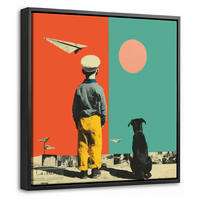 LEINWAND Bilder mit Rahmen - Retro - Junge - Hund - Rot - Grün - 20x20 - Orange, Textil (20/20cm) - MuchoWow