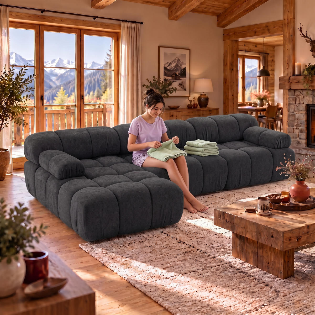MODULARES Ecksofa MOMENTUM L, Links, Breite 282 cm, strukturierter Stoff, Schwarz - Chromfarben/Schwarz, Holz/Textil (282/155cm) - Muffo