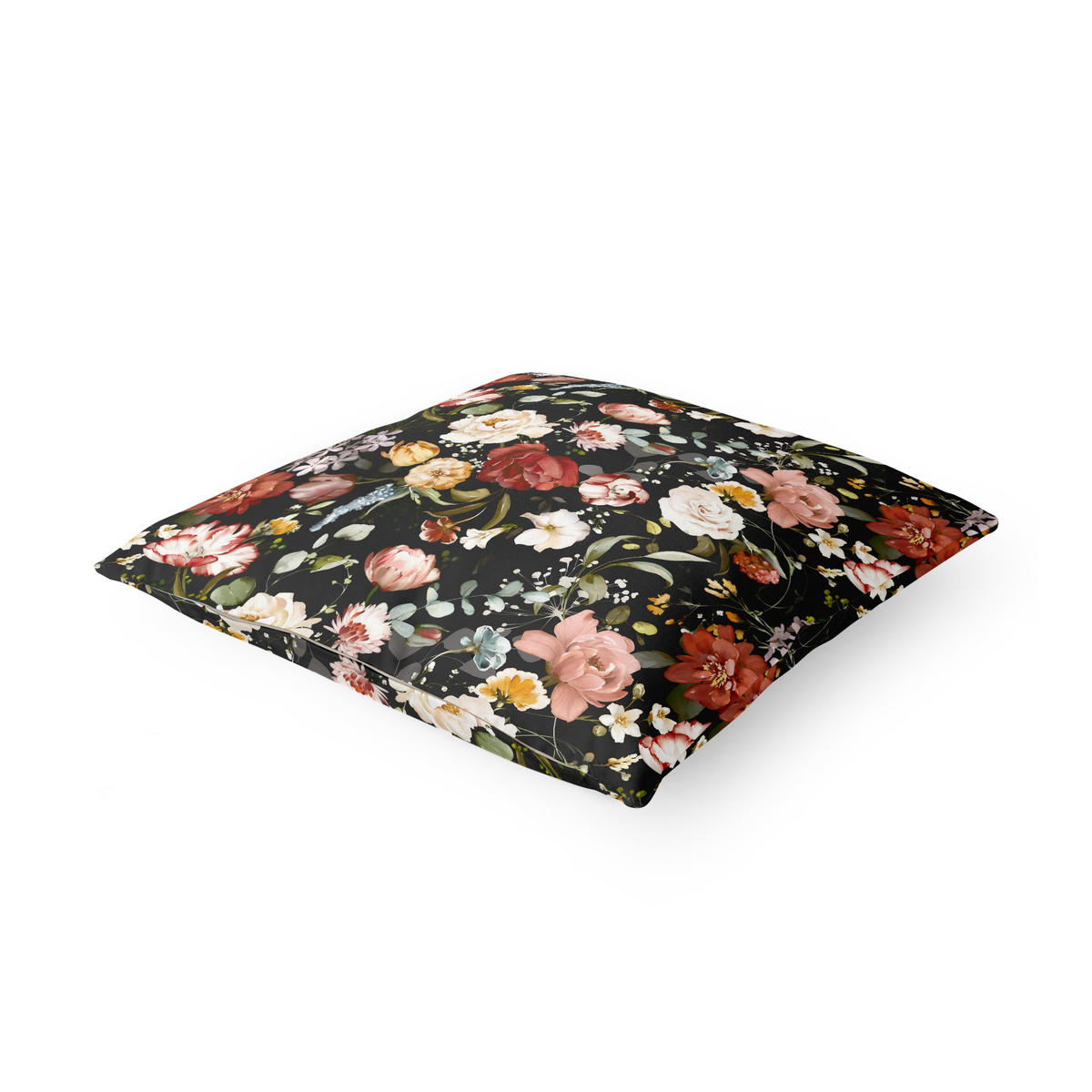 DEKOKISSEN Blumen Aquarell Vintage Muster auf Schwarz 40/40 cm - Schwarz, Textil (40/40/10cm) - Bilderwelten
