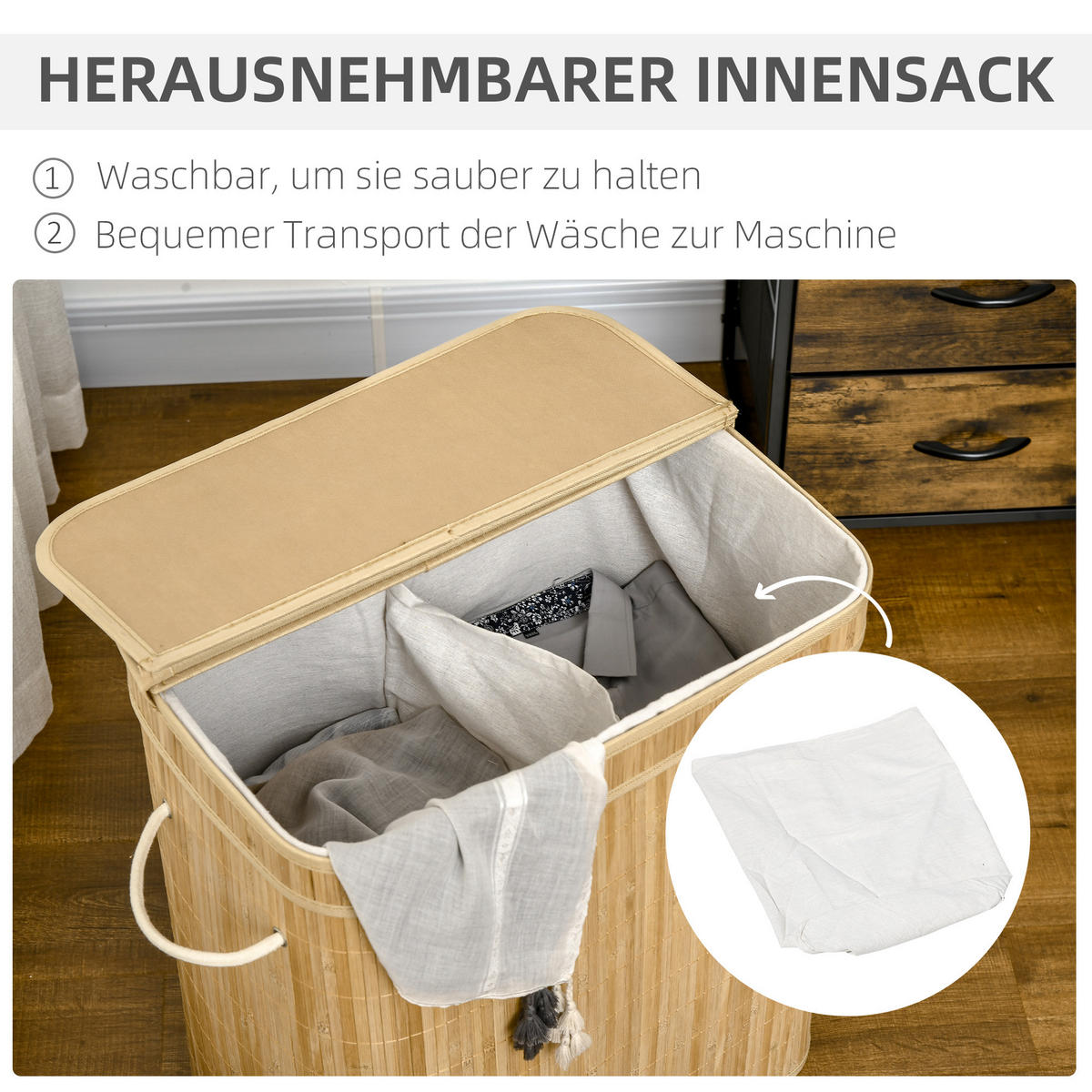 WÄSCHEKORB mit Deckel 90 L, Natur - Naturfarben, Naturmaterialien (54.2/59.5/35.2cm) - HOMCOM
