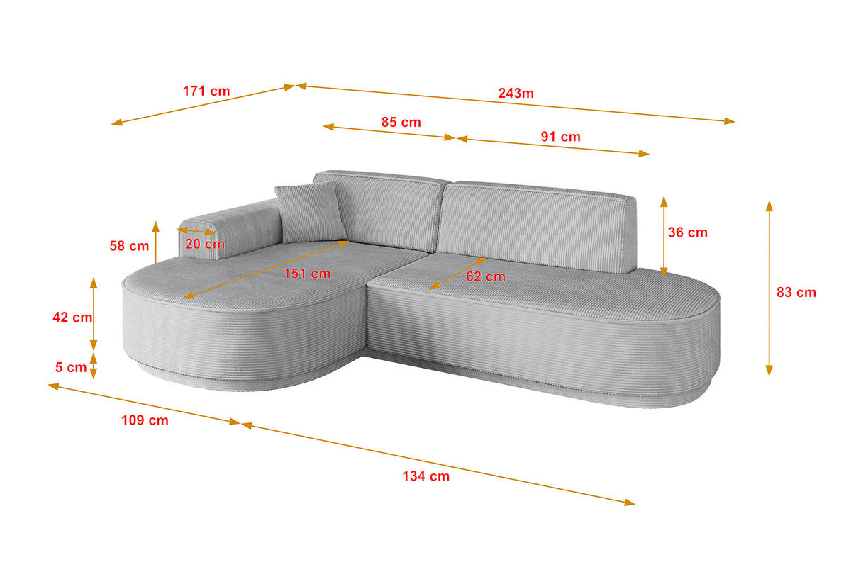 ECKSOFA Ottomane Links MARI-L1-v3 - 243x171x83 cm Grau Cord - Schwarz/Grau, Holzwerkstoff/Kunststoff (243/171cm) - ALTDECOR