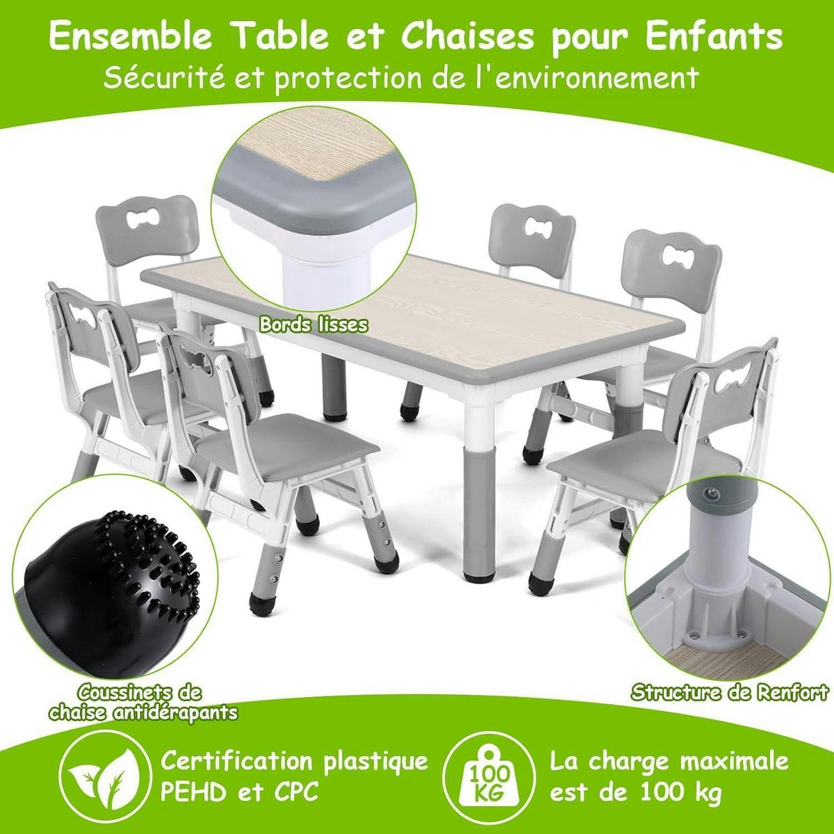 KINDERTISCH- und Stuhl-Set 7-teilig höhenverstellbar Grau - Grau, Kunststoff (60/60/120cm)