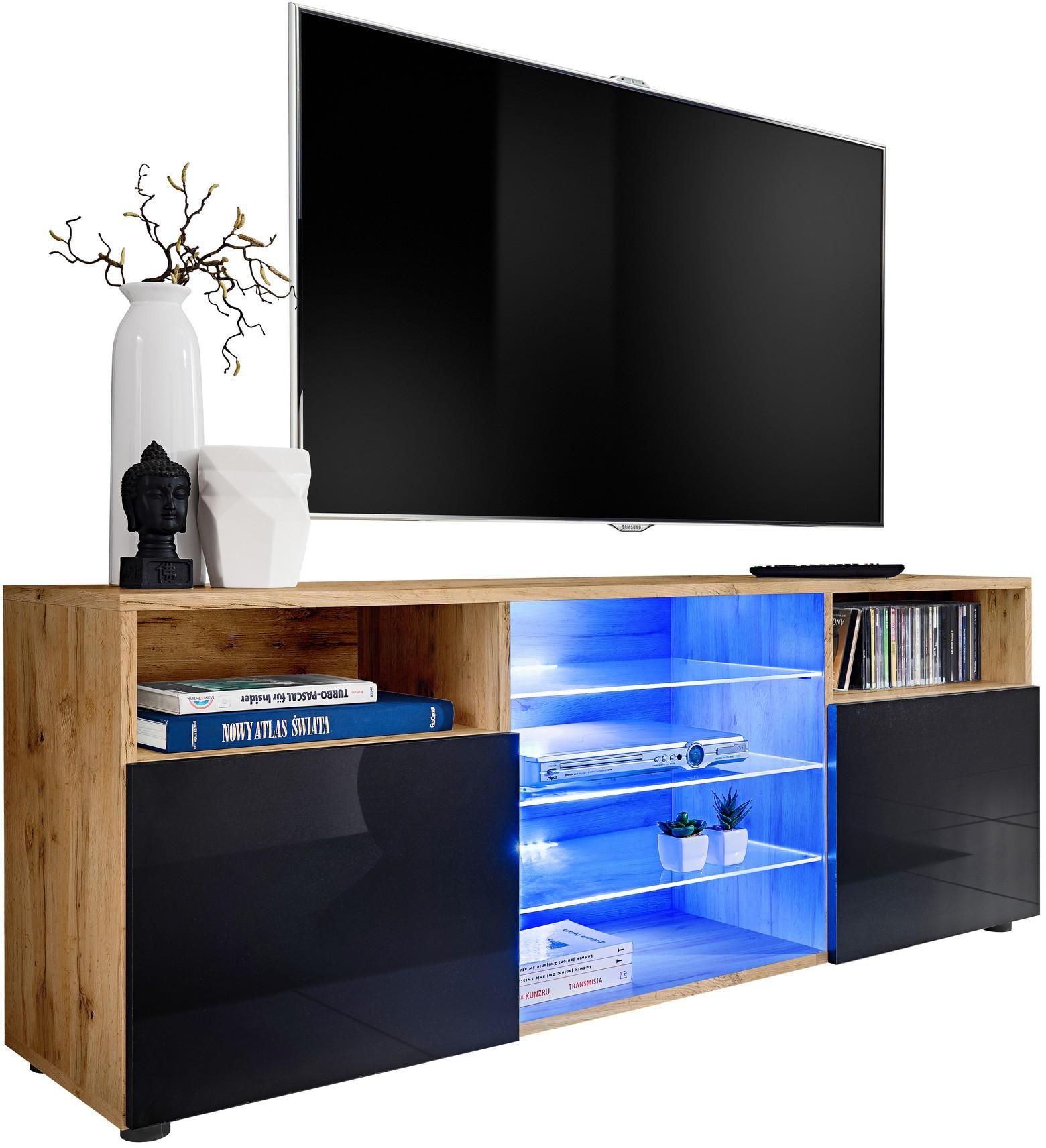 SIDEBOARD TV URBINO Eiche Wotan, Blau LED Beleuchtung - Eiche Wotan/Schwarz, Glas/Holzwerkstoff (140/53/35cm) - Komodee