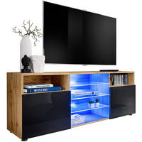 SIDEBOARD TV URBINO Eiche Wotan, Blau LED Beleuchtung - Eiche Wotan/Schwarz, Glas/Holzwerkstoff (140/53/35cm) - Komodee