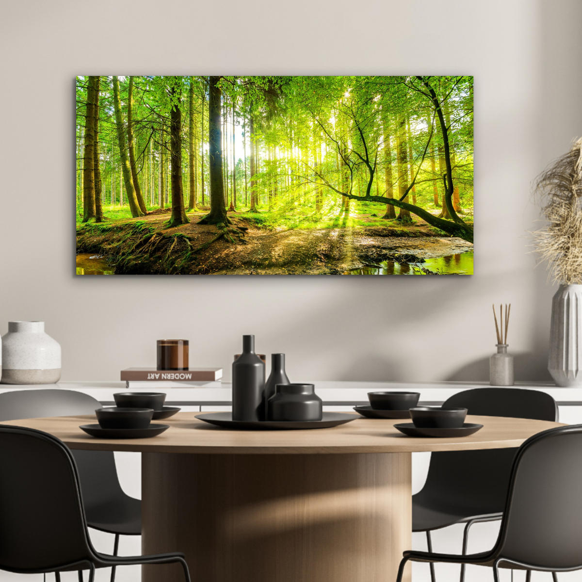 METALLBILD Wald - Landschaft - Wasser - Bäume - Sonne - Grün - Natur 80x40 cm - Grün, Metall (80/40cm) - MuchoWow