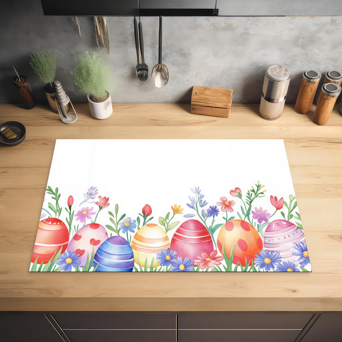 HERDABDECKPLATTE Blumengarten - Bunt - Eier Ceranfeldabdeckung 78x52 cm - Weiß, Kunststoff (78/52/0.2cm) - MuchoWow