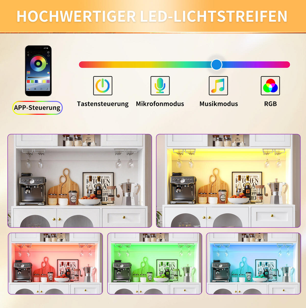 BUFFETSCHRANK 120/40/188 cm weiß aus MDF mit LED-Lichtleiste - Weiß, Holzwerkstoff (120/188/40cm) - OKWISH