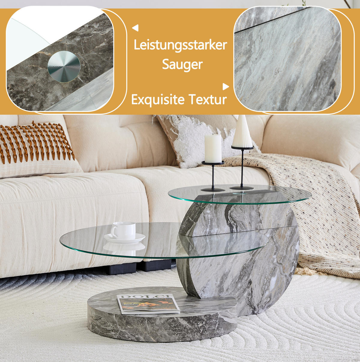 COUCHTISCH 70 cm mit Ablage aus Sicherheitsglas in grauer Marmoroptik - Transparent, Holzwerkstoff (90/70/44cm) - BEAOK