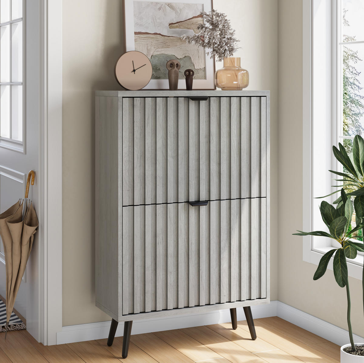 SCHUHSCHRANK mit Klappen 60 cm in Grau, platzsparend mit Rillenfront - Grau, Holzwerkstoff (60/94/24cm) - BEAOK