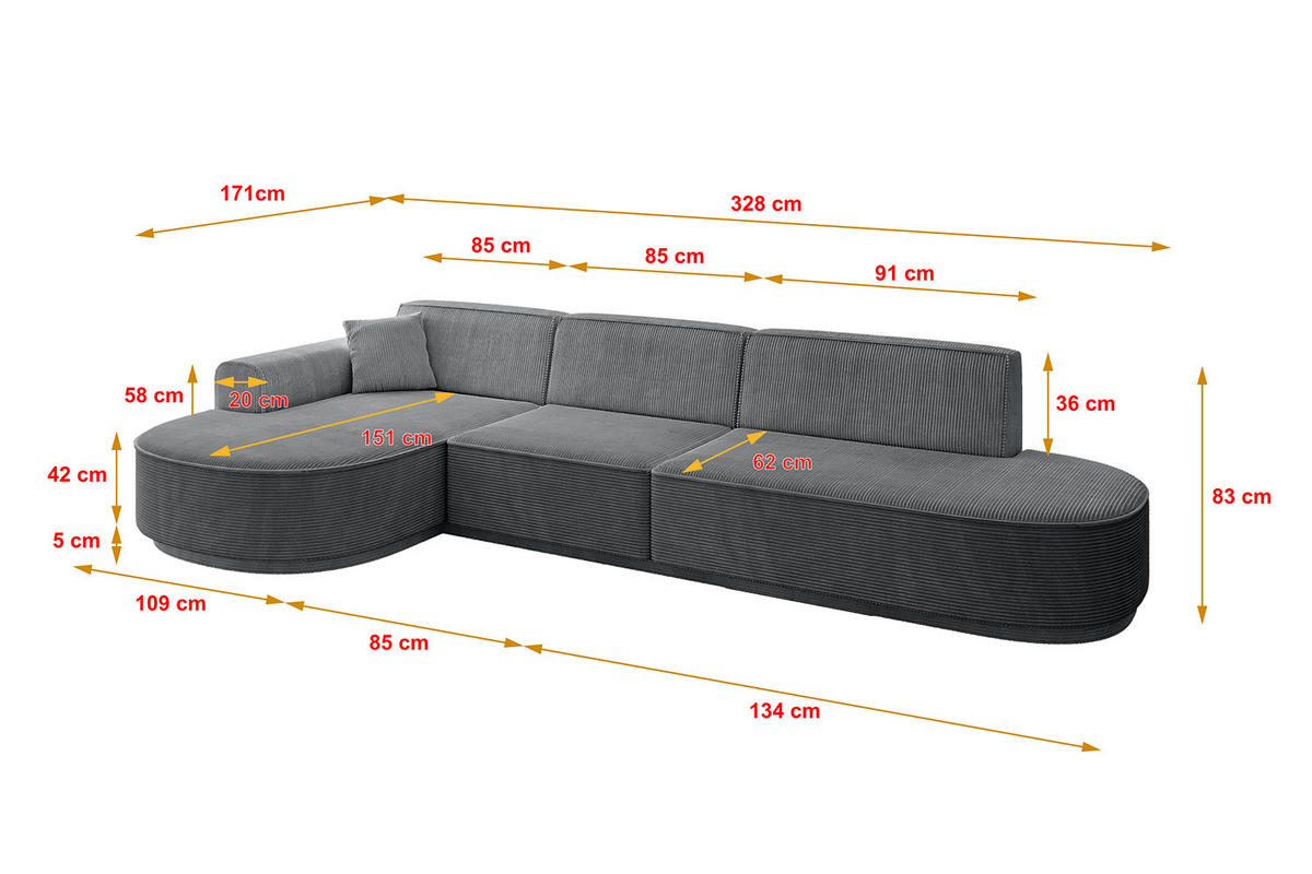 ECKSOFA Ottomane Links MARI-L2-v3 - 328x171x83 cm Dunkelgrau Cord - Dunkelgrau/Schwarz, Holzwerkstoff/Kunststoff (328/171cm) - ALTDECOR