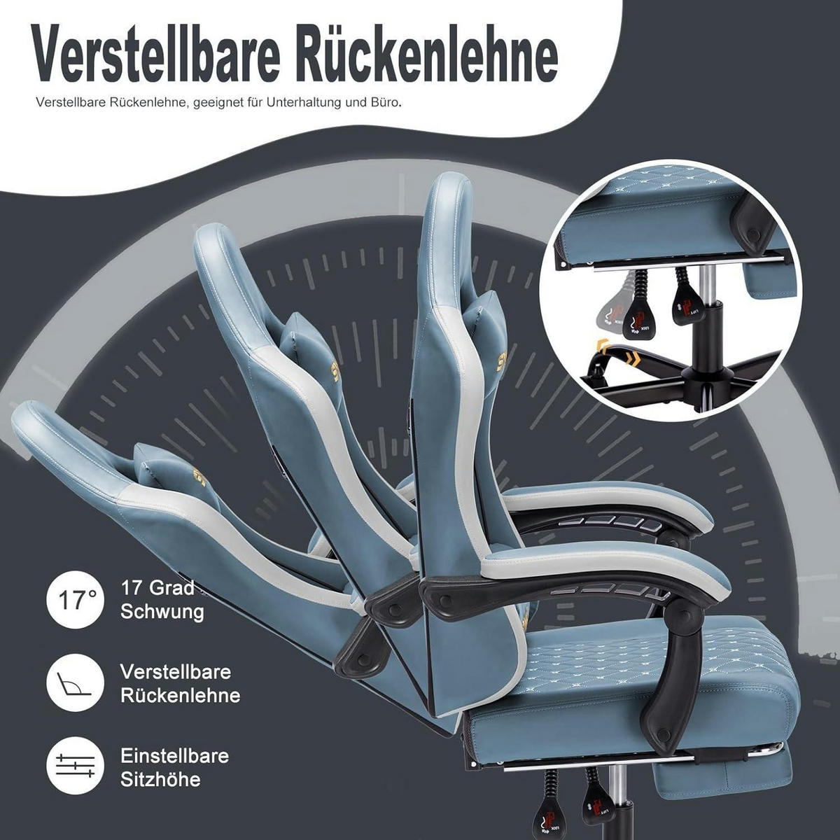 GAMING Stuhl mit Lendenwirbelstütze und Fußstütze Kunstleder Hellblau - Hellblau, Kunststoff (50/122/50cm)