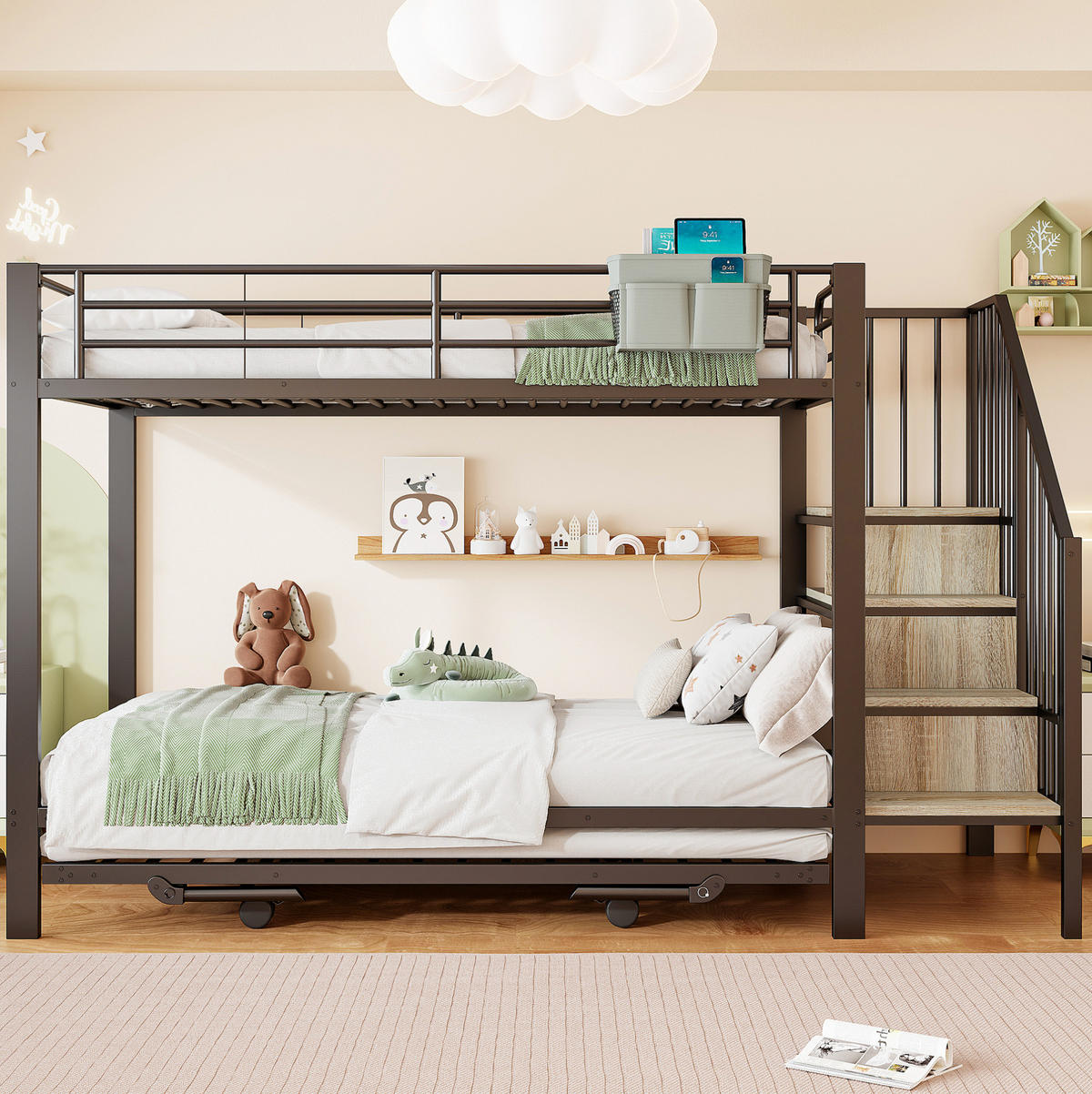 ETAGENBETT 90/200 cm und 180/200 cm Schwarz mit Ausziehbett ohne Matratze - Schwarz, Metall (90/200cm) - MIVRAY