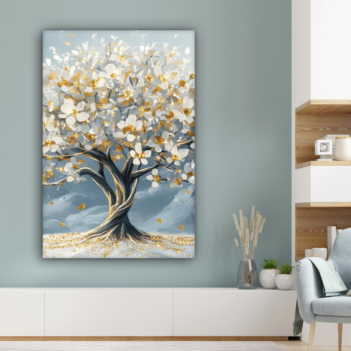 LEINWANDBILD Baum - Winter - Baum des Lebens - Modern - Gold Deko Groß 90x140 cm - Goldfarben, Textil (90/140cm) - MuchoWow