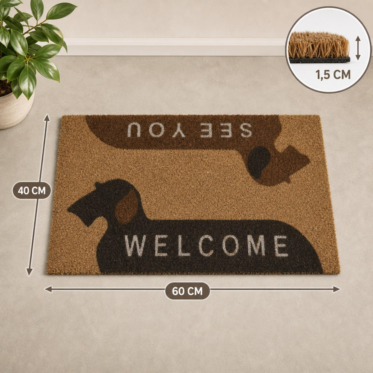 ROHOŽKA Přírodní hnědá kokosové vlákno 60x40 cm motiv psa - různobarevná, textil/plast (60/40cm) - Relaxdays