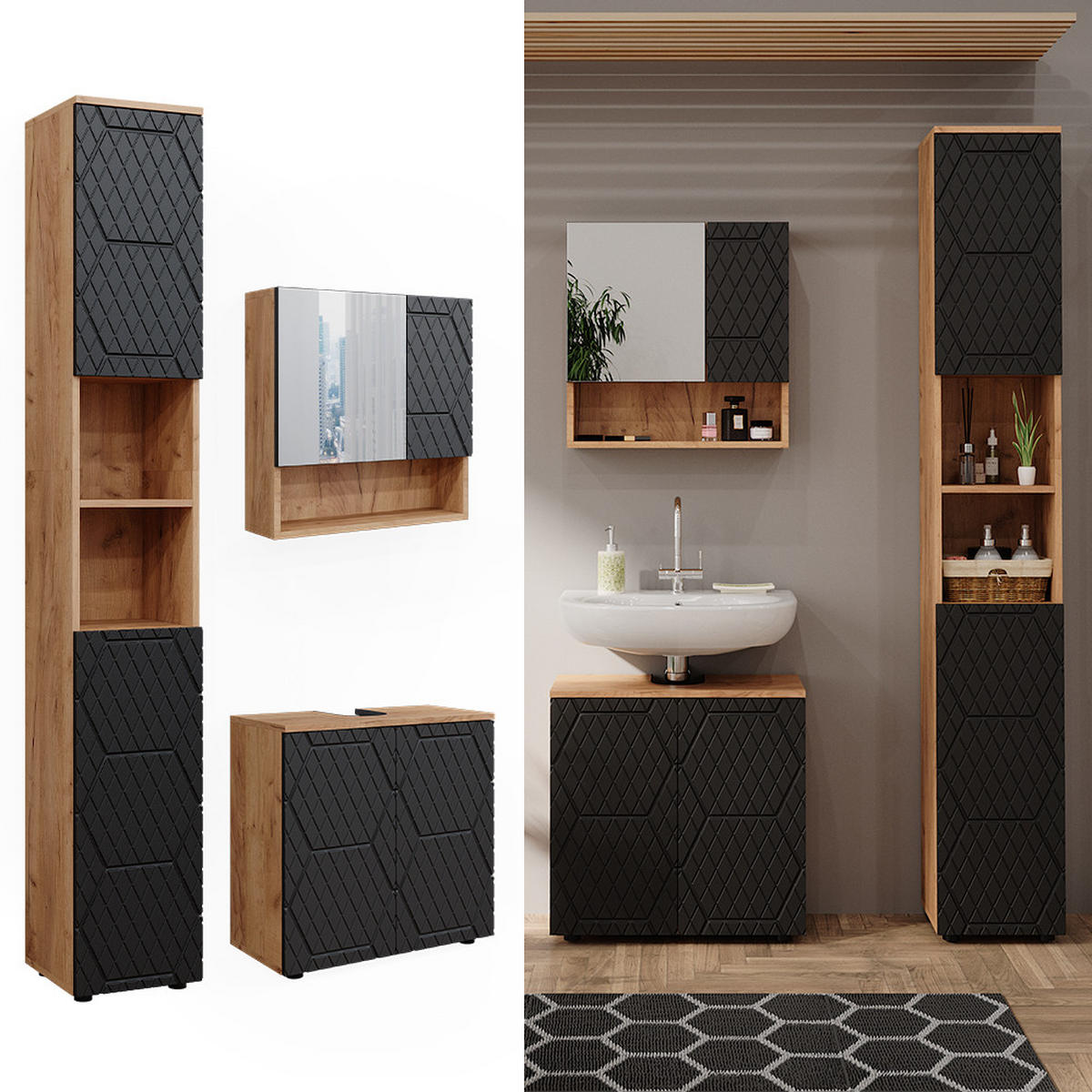 BADMÖBEL-SET Irma Anthrazit gestreift 3 Teile, mit Hochschrank - Honigeiche/Anthrazit, Holzwerkstoff (80/58.6/41cm) - Vicco
