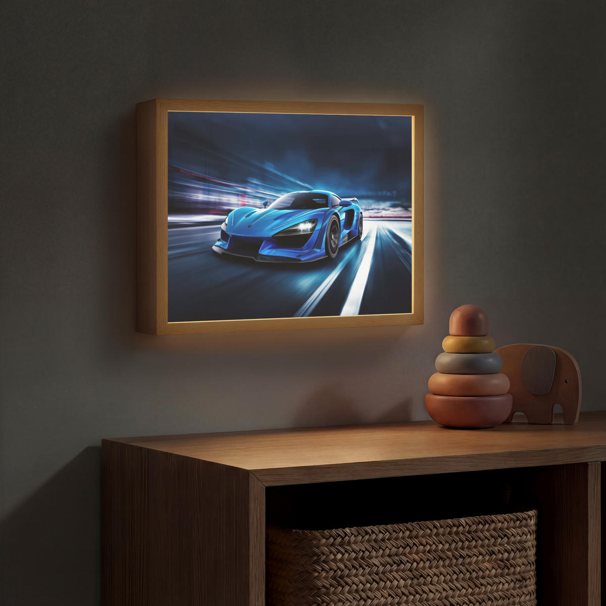 DOBÍJECÍ NOČNÍ LAMPIČKA Auto - Modrá - Chlapci - Dítě 40x30 cm - modrá, kompozitní dřevo (8/40/30cm) - OnlyWow