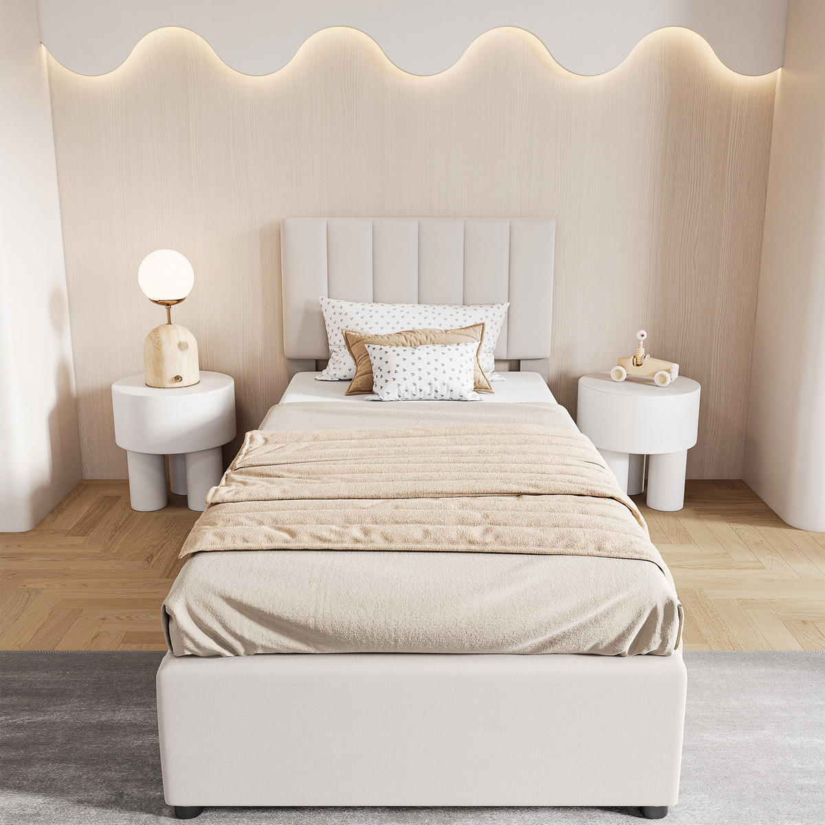 POLSTERBETT 90×200 cm mit bettkasten, hydraulisches stauraumbett, kinderbett mit hohes leinen-kastenbett, beige - Beige, Holz/Metall (90/200cm) - GENKI LIVING
