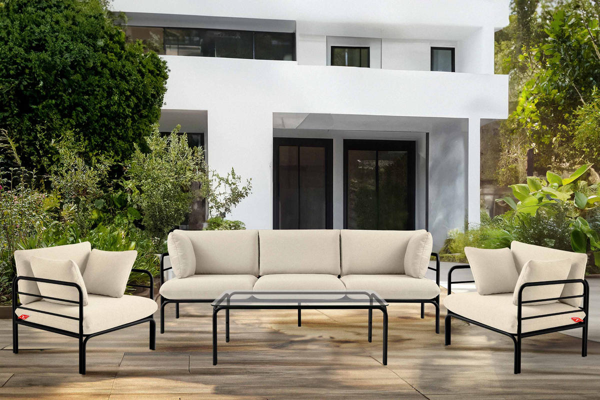GARTENSOFA RAMBE 3-Personen mit Kissen, Anthrazit/Cremeweiß - Dunkelgrau/Creme, Textil/Metall (225/80/80cm) - KONSIMO®