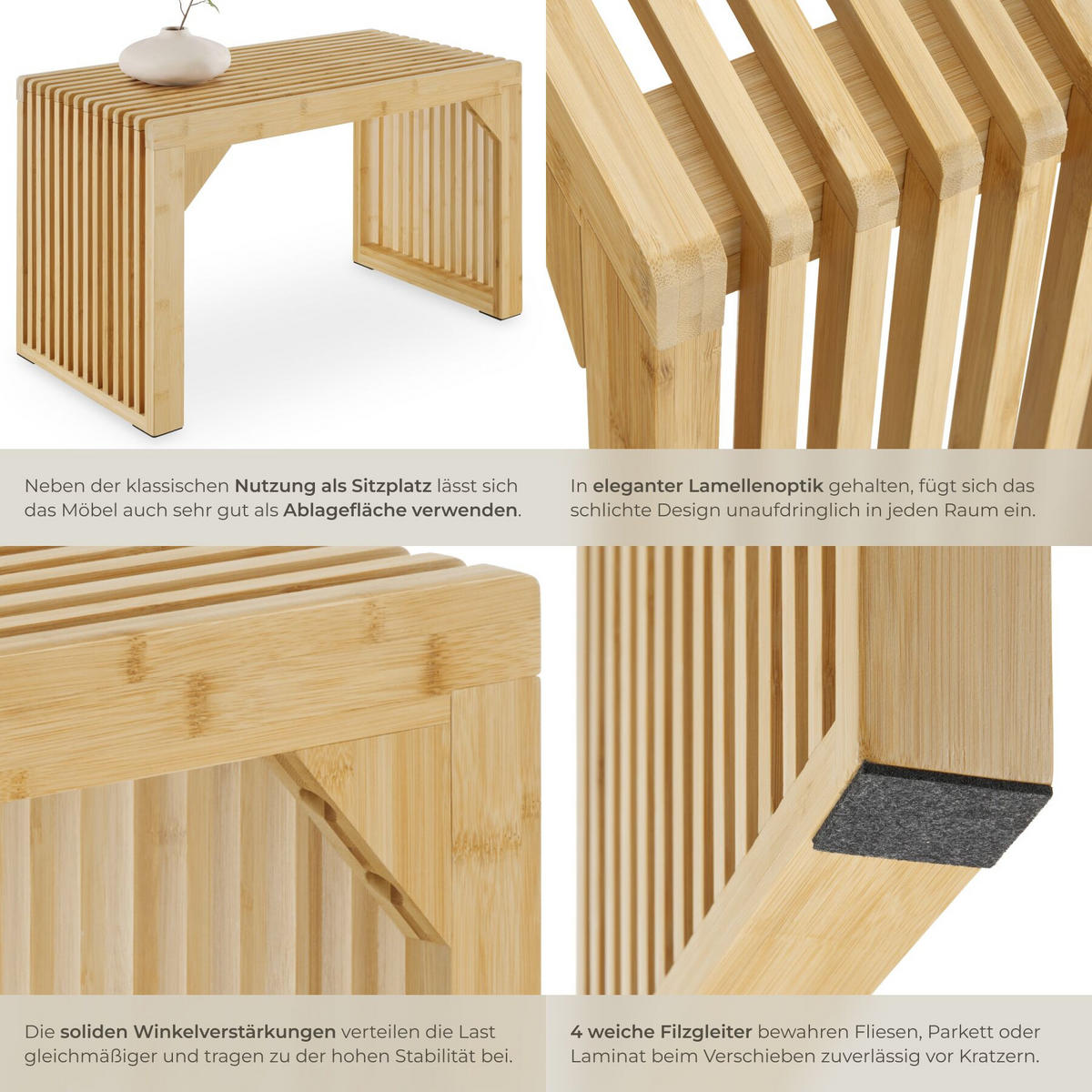 SITZBANK Ribb, Belastbarkeit 350 kg, Bambus - Beige, Holz (73/43/35cm) - tectake