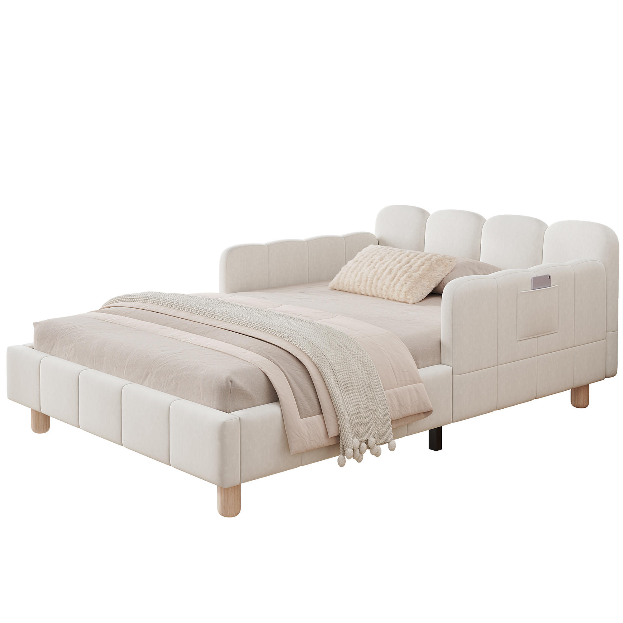 KINDERBETT 90/200 cm in Beige Samt mit Seitenschutz und Taschen - Beige, Holzwerkstoff/Textil (90/200cm) - WISHDOR