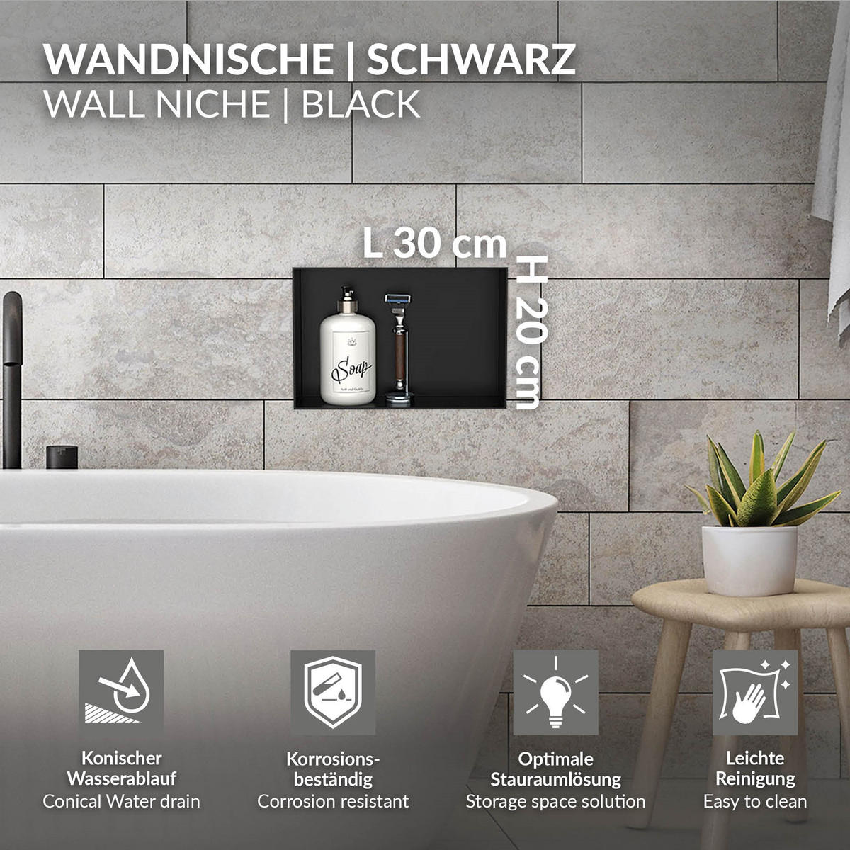 DUSCHNISCHE Schwarz 20/30 cm randlos - Schwarz, Metall (30/20/10cm) - LuxeBath