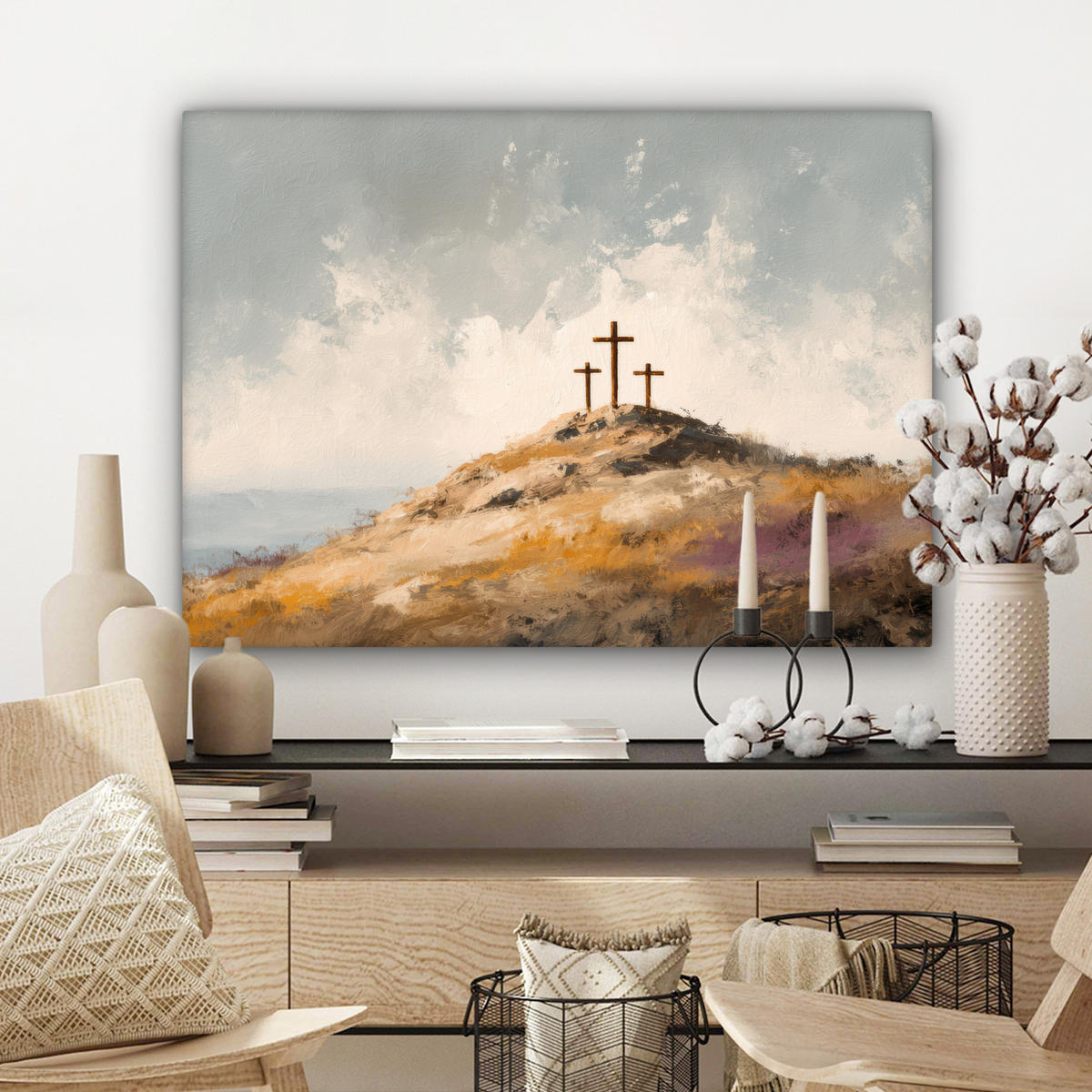 LEINWANDBILD Hügel - Abstrakt - Christentum - Kreuz Wandbilder 80x60 cm - Hellgrau, Textil (80/60cm) - MuchoWow