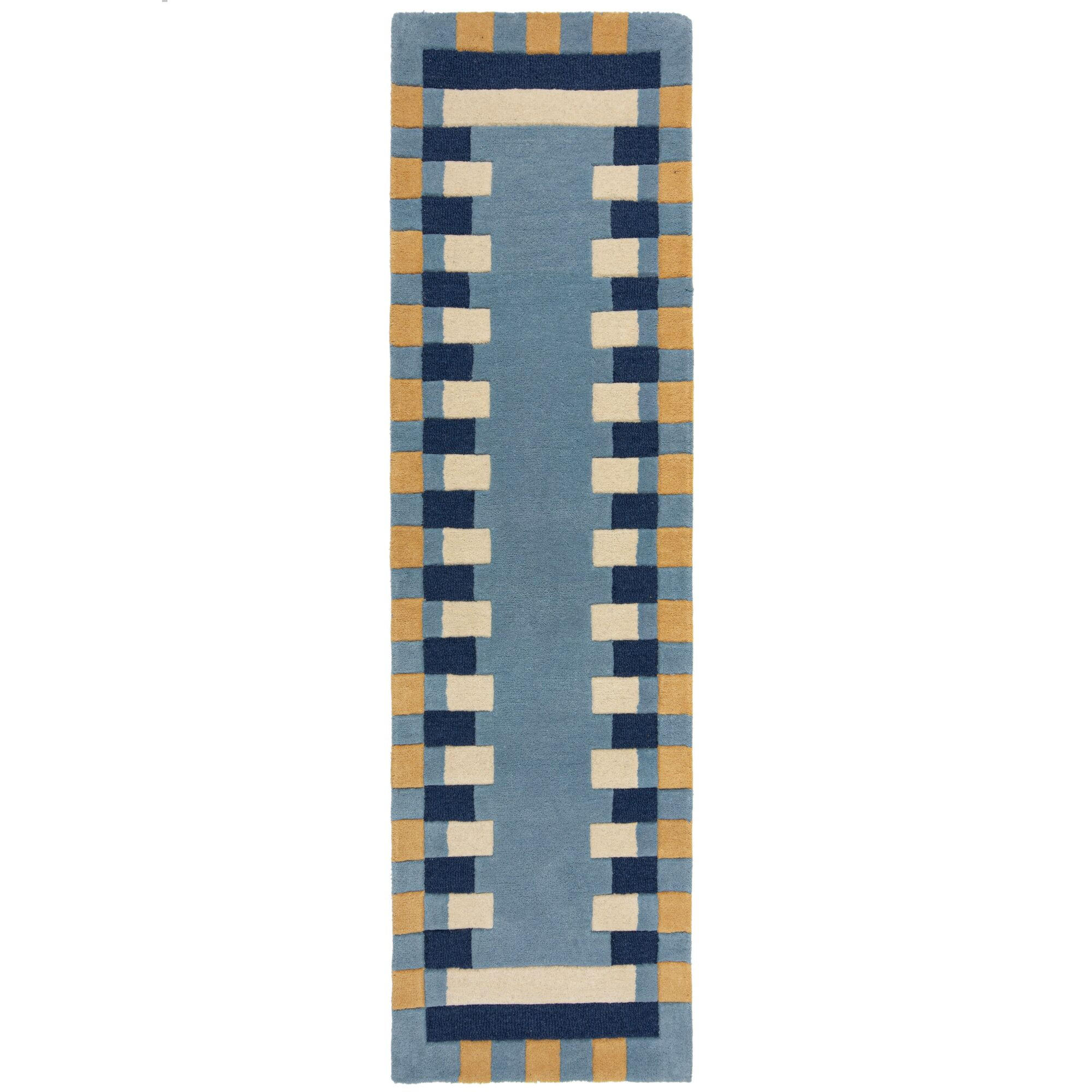 WOLLTEPPICH Geometrisches Muster, Rahmen, Wohnzimmer schmutzabweisend Blau-Gelb Läufer 60x230 - Blau, Textil (60/230cm) - KADIMA DESIGN