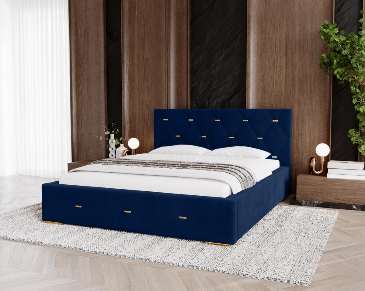POLSTERBETT Golden Premium 160x200 cm, Doppelbett mit Bettkasten und Lattenrost aus Holz, Velourstoff: Blau - Dunkelblau, Holz/Textil (160/200cm) - Marpur