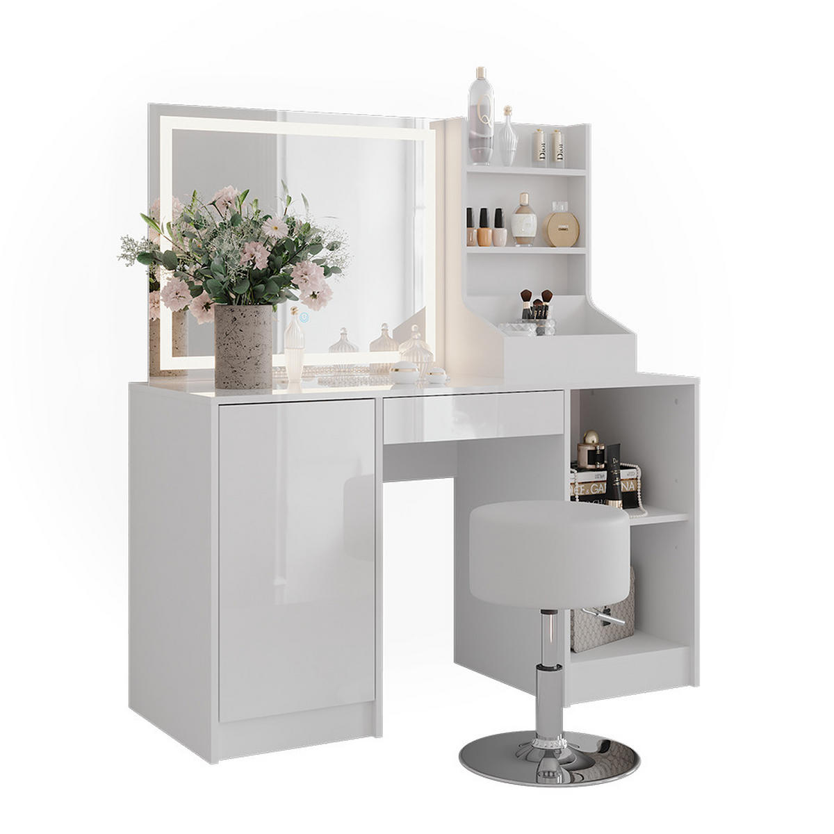 SCHMINKTISCH Sherry Weiß/Weiß Hochglanz 128.2 cm mit LED-Spiegel und Hocker - Weiß Hochglanz, Holzwerkstoff (128.2/76/50.1cm) - Vicco