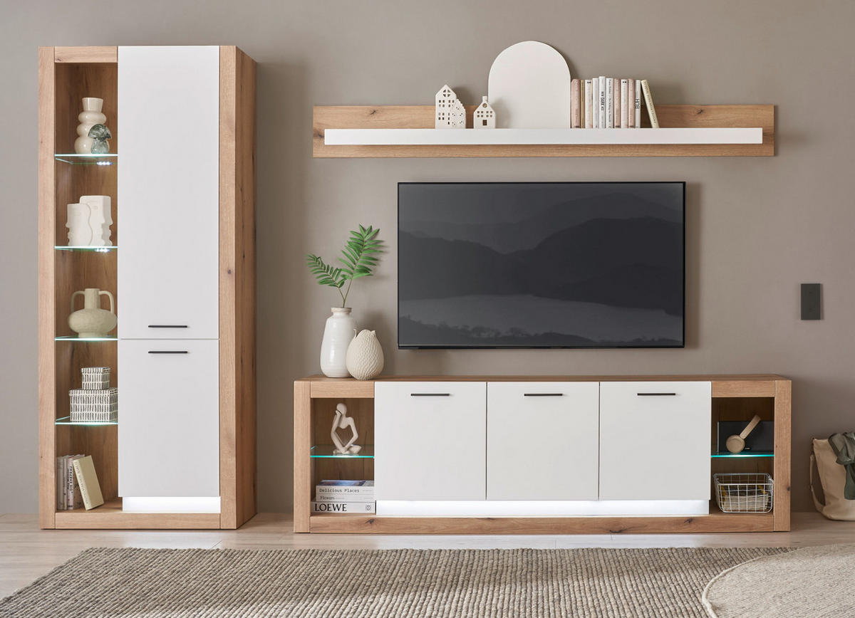 WOHNWAND weiß matt, Evoke Eiche, Wohnkombination Set 3-teilig 298 cm - Eichefarben/Silberfarben, Glas/Holzwerkstoff (298/195/43cm) - Furn.Design