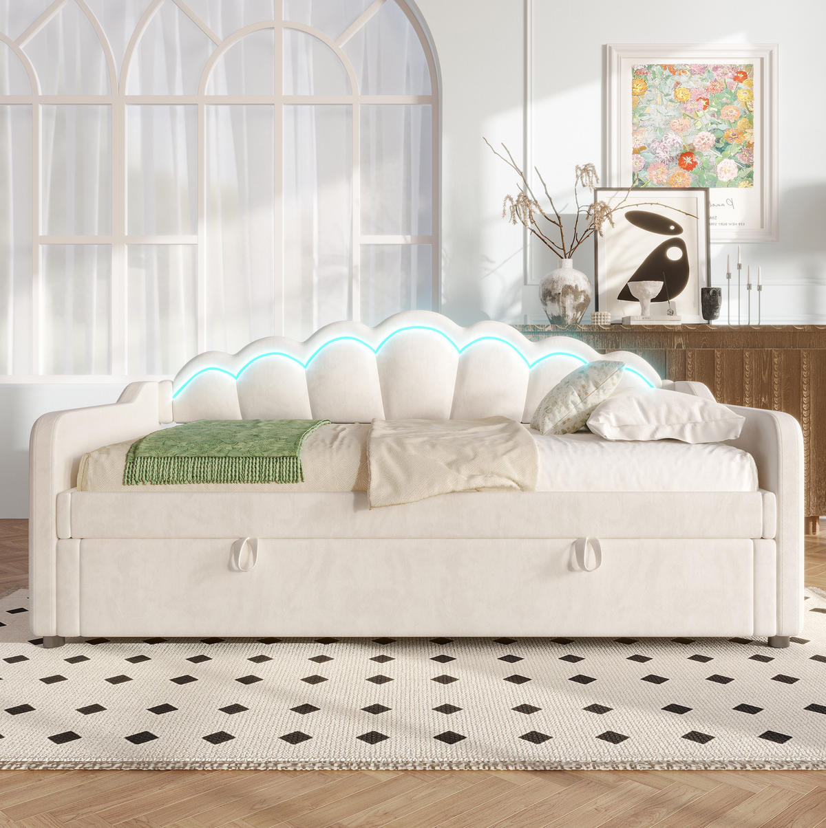 TAGESBETT 90/200 cm beige mit hydraulischem Stauraum und LED-Beleuchtung - Beige, Textil (90/200cm) - OKWISH