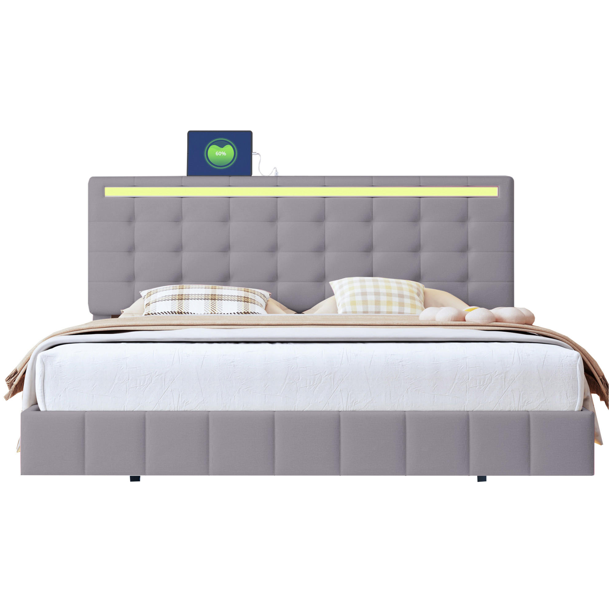 POLSTERBETT mit LED-Beleuchtung 160/200 cm in Grau mit gepolstertem Kopfteil - Grau, Textil (160/200cm) - BEAOK