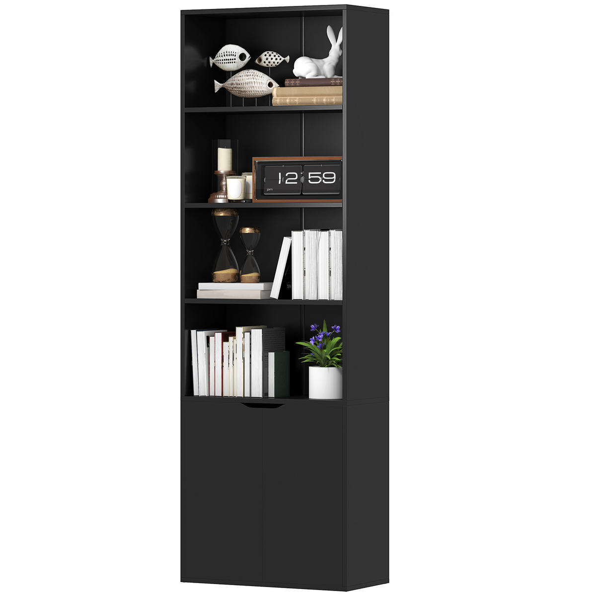 AKTENREGAL DE-14460 mit 4 offenen Fächern und 2 Türen Schwarz - Schwarz, Holzwerkstoff (29/180/59cm) - ComfortXL