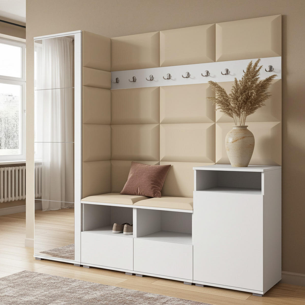GARDEROBE NELA X 200 cm (Modulare Flurmöbel Weiß mit Spiegel & Sitzpolster Beige 04 Schrank + Sideboard) - Beige/Silberfarben, Holz/Holzwerkstoff (200/187/40cm) - Ravio
