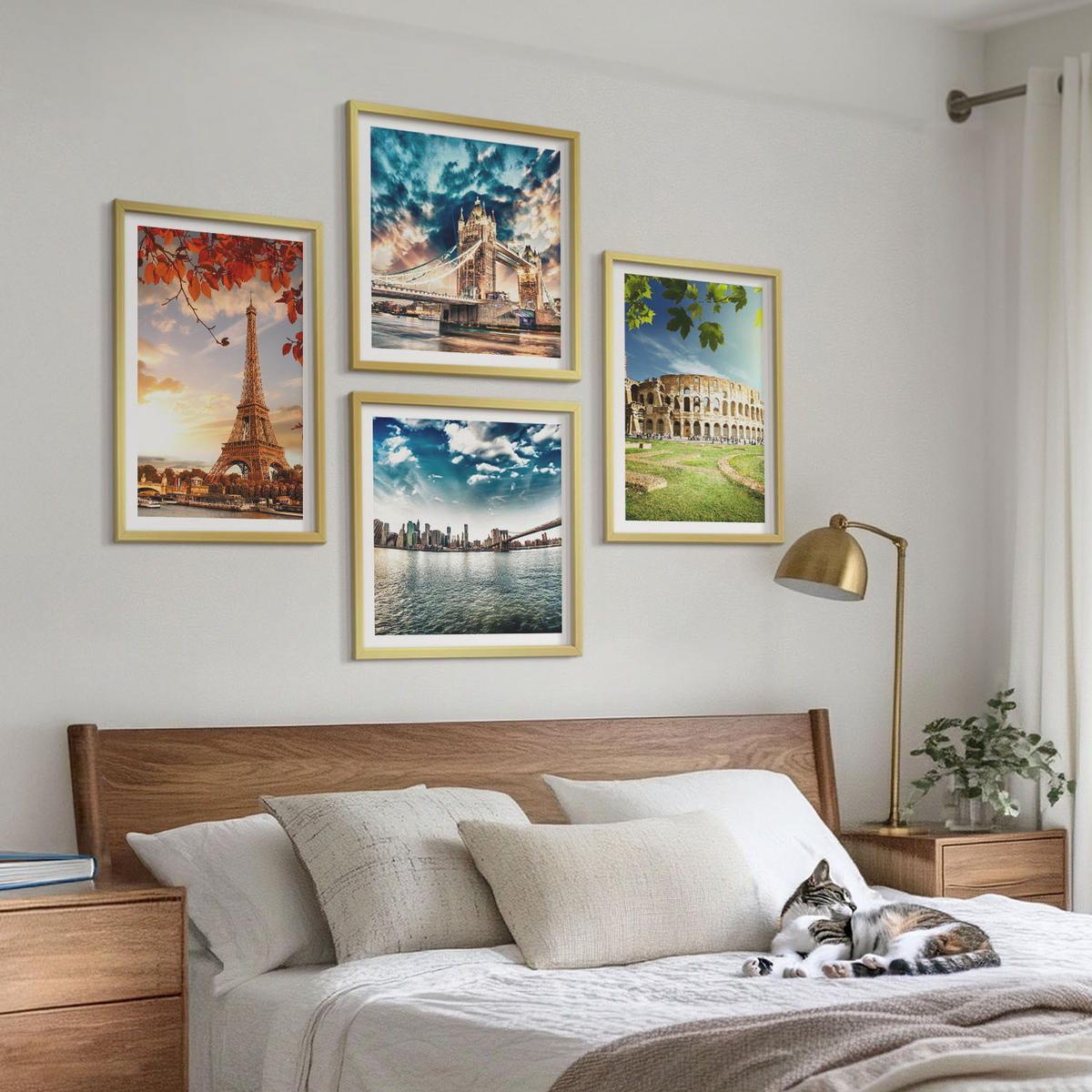BILDER SET 4er Set - 50x50 cm & 40x60 cm Goldrahmen - Denkmäler Europas in warmen Farben - Goldfarben, Kunststoff (50/50cm) - TULUP