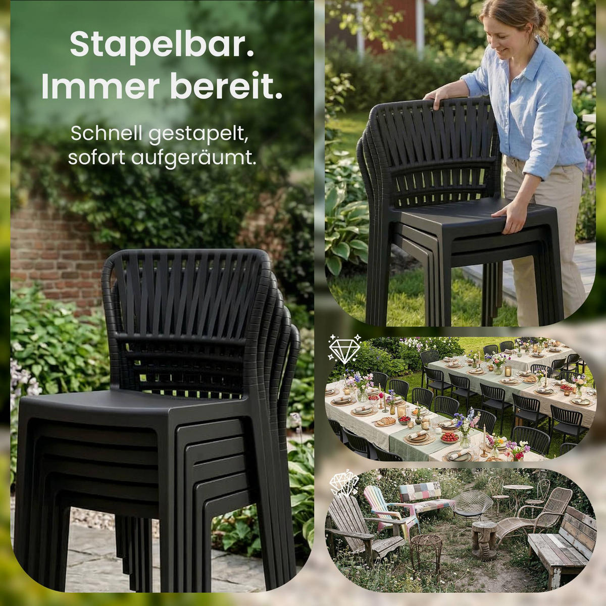 GARTENSTUHL 4er Set Kunststoff Schwarz - Schwarz, Kunststoff (45/84/55cm) - CLP