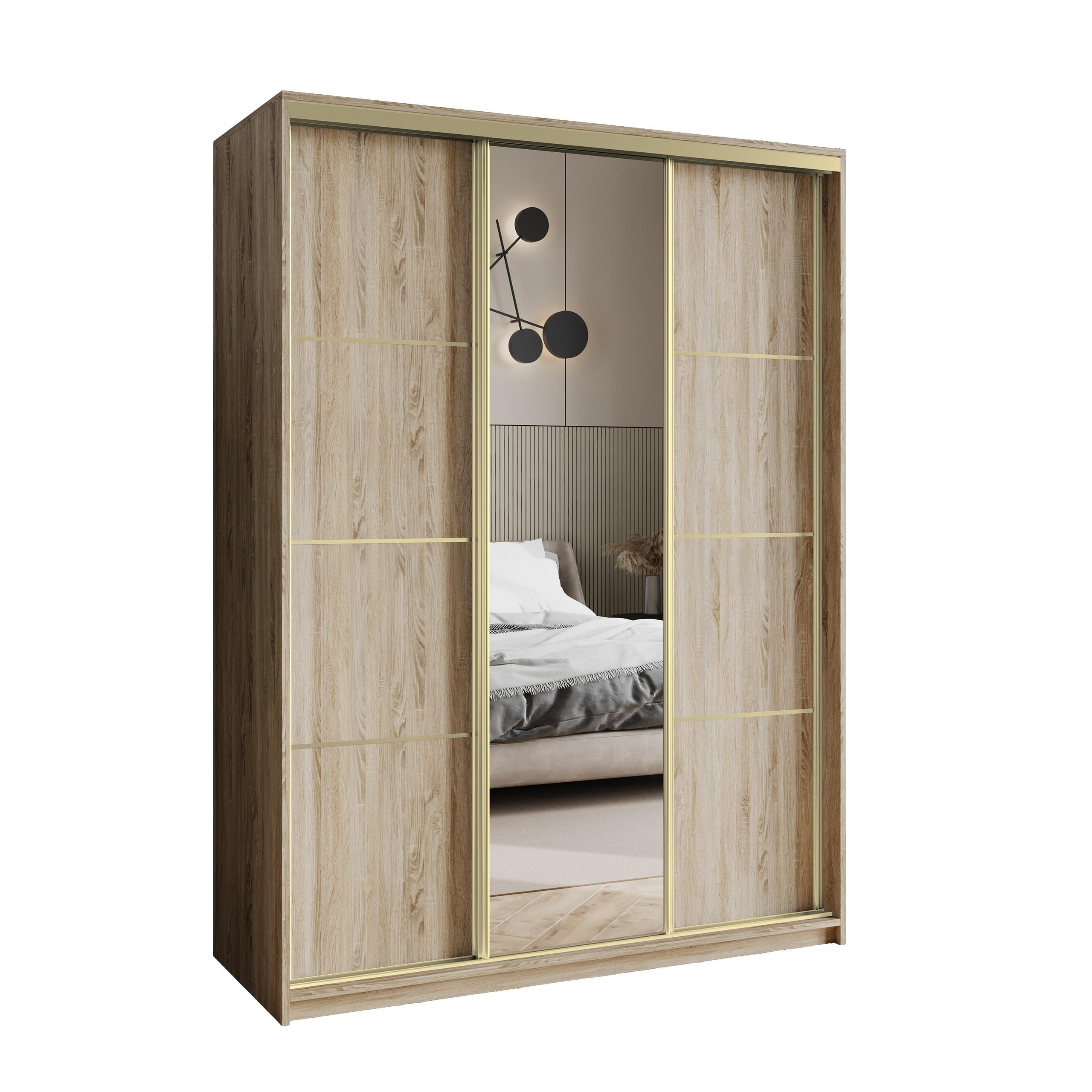SCHWEBETÜRENSCHRANK VARO 150/205/60 cm 3-türig mit Spiegel Sonoma Eiche - Sonoma Eiche, Holzwerkstoff (150/205/60cm) - MASSENO