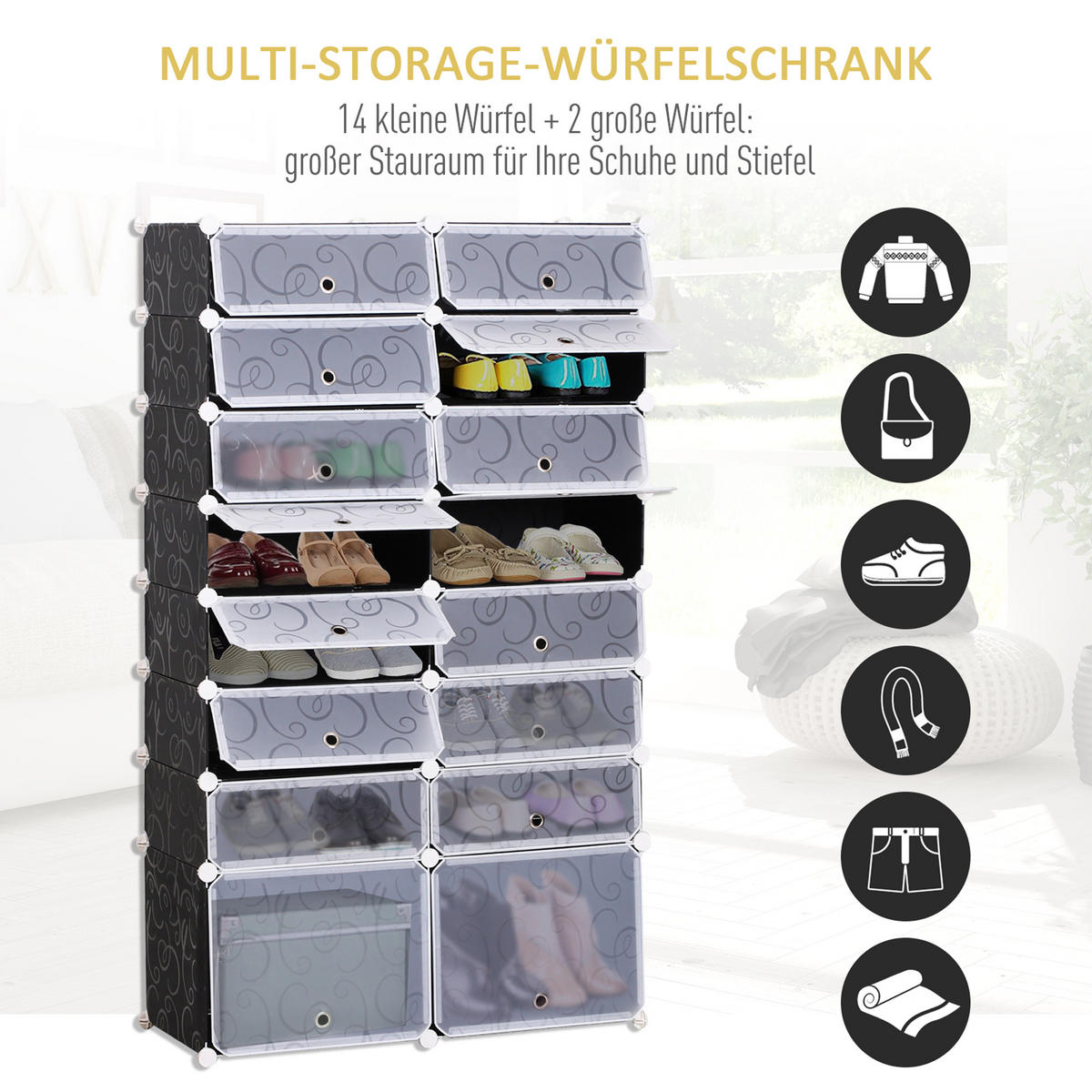 SCHUHSCHRANK, Schwarz + Weiß - Schwarz, Kunststoff (37/160/95cm) - HOMCOM