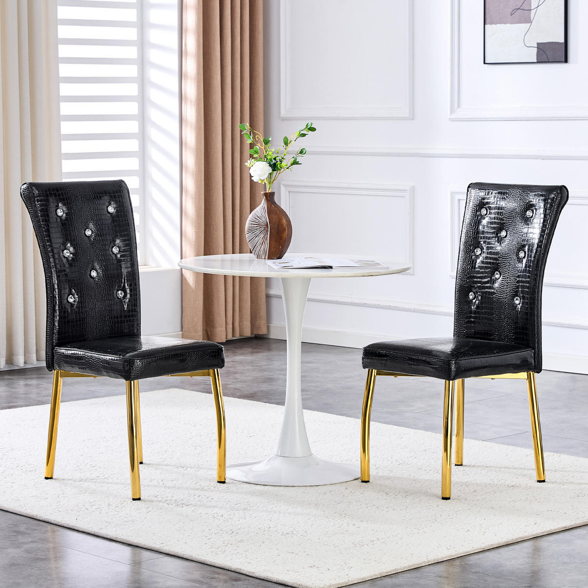 STUHL-SET DE-36774 2 Stück mit Krokodil-Prägung und vergoldeten Metallbeinen Schwarz - Schwarz, Metall (42/101/61.5cm) - ComfortXL