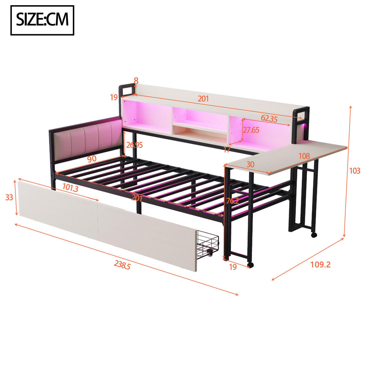 METALNI krevet 90/200 cm s LED osvjetljenjem, ladicama i izvlačnim radnim stolom, Bijela - bijela, metal (90/200cm) - Redom