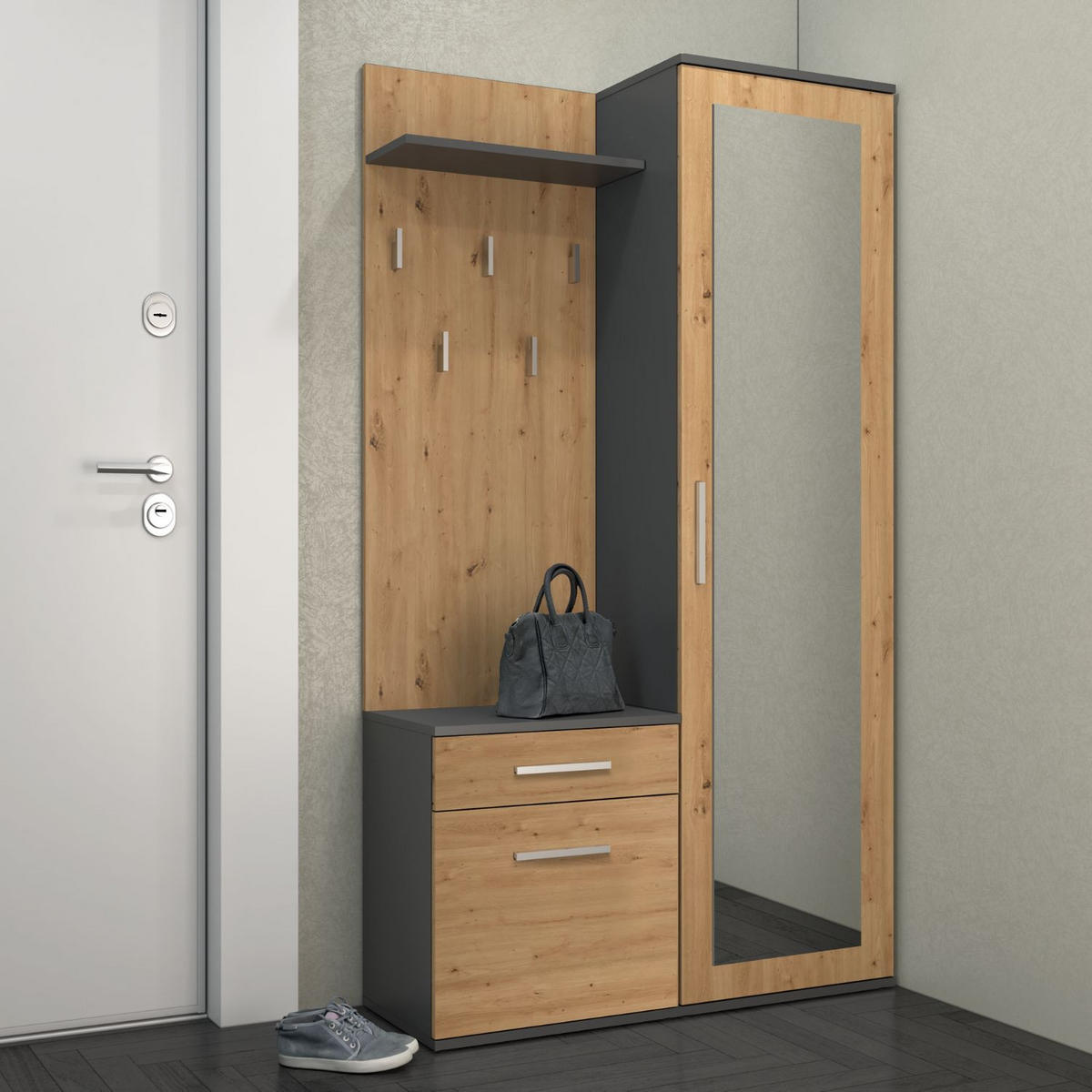 GARDEROBENSET Gustav (3-teilig) - Eichefarben/Anthrazit, Holzwerkstoff (50/180/35cm) - kommodly