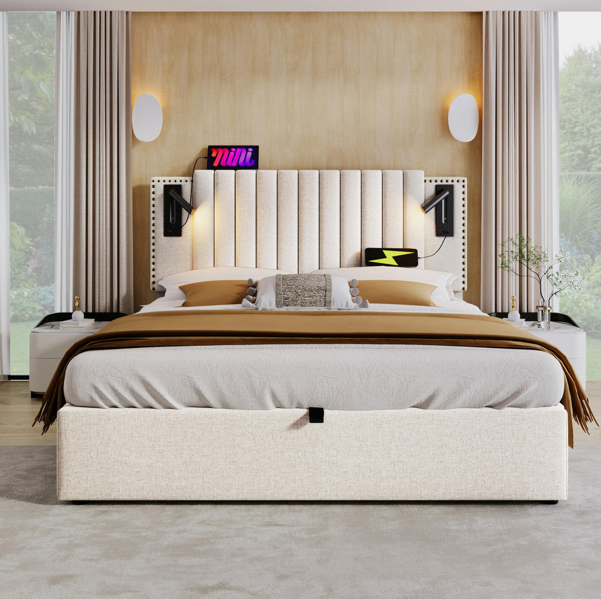 POLSTERBETT 160/200 cm aus Baumwolle mit Leselicht, USB- und Type-C-Anschlüssen, Bettkasten und Matratze, Beige - Beige, Textil (160/200cm) - Redom