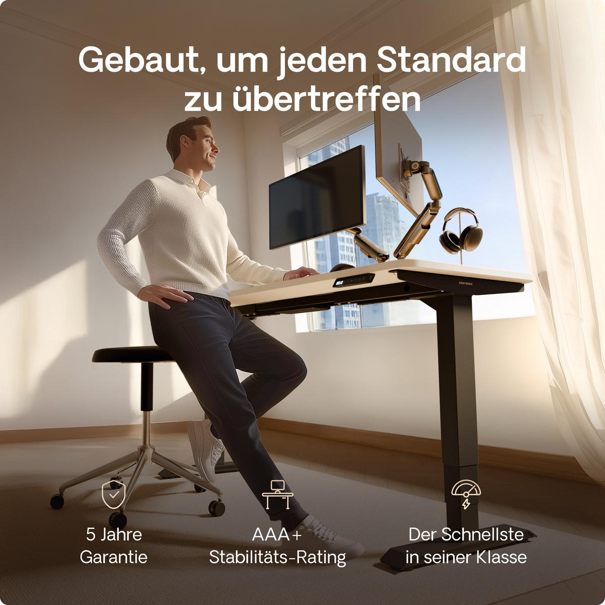 SCHREIBTISCH Elektrisch Höhenverstellbarer HomePro 120x60cm Schwarz/Weiß mit Memory-Funktion, Anti-Kollisions Technologie - Schwarz/Weiß, Holzwerkstoff (60/120/62cm) - Desktronic
