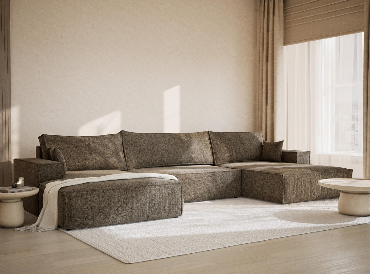 WOHNLANDSCHAFT Kyoto Taupe Chenille-Stoff - Taupe/Schwarz, Holz/Holzwerkstoff (398/70/148cm) - Maison de Reve