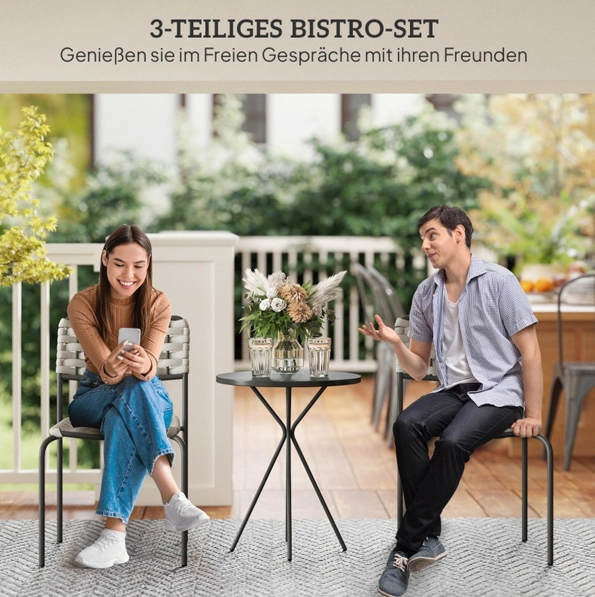 BALKONSET 3-teilig,48×48×60cm,Stapelbare Stühle mit Rattan Tisch - Grau, Metall - Modfu