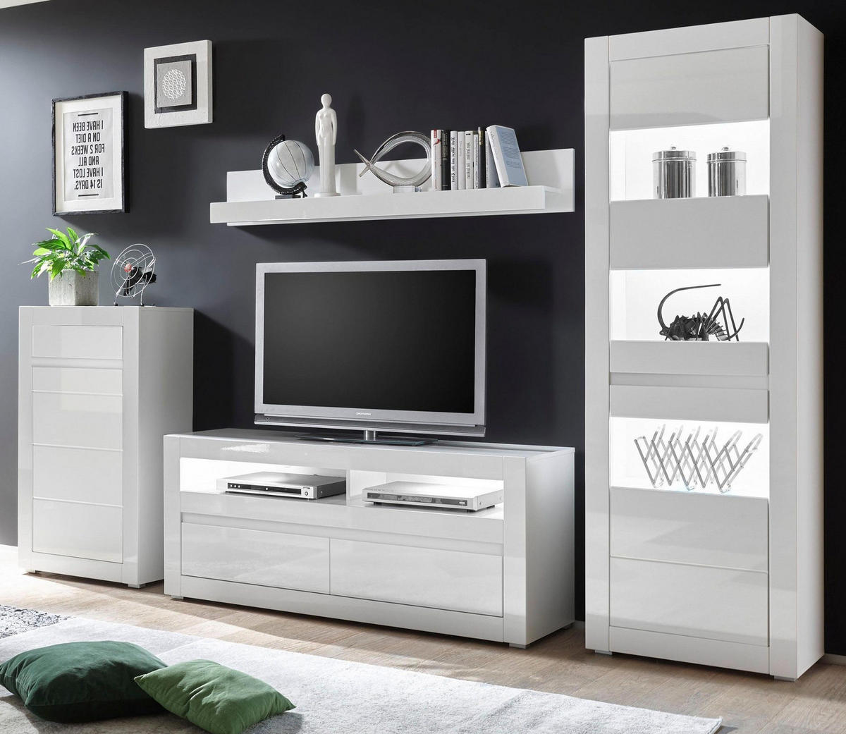 WOHNWAND 4-teilig Hochglanz weiß 302 cm, Anbauwand mit Soft-Close - Weiß Hochglanz/Weiß, Glas/Holz (302/198/42cm) - Furn.Design