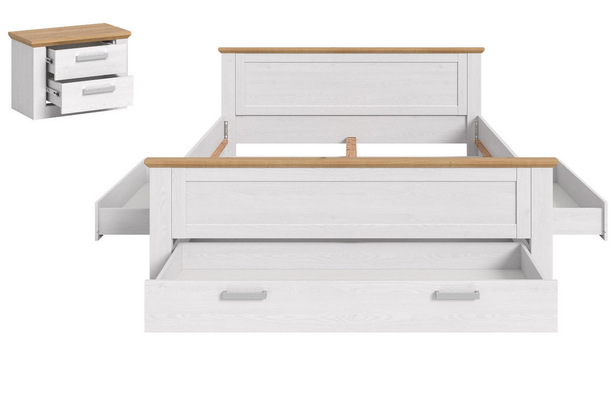SCHLAFZIMMER weiß Lärche, Eiche Artisan Landhaus Set mit Bett inklusive Bettschubkästen, Nachttisch - Eichefarben/Silberfarben, Holzwerkstoff/Kunststoff (180/200cm) - Inn.Furn